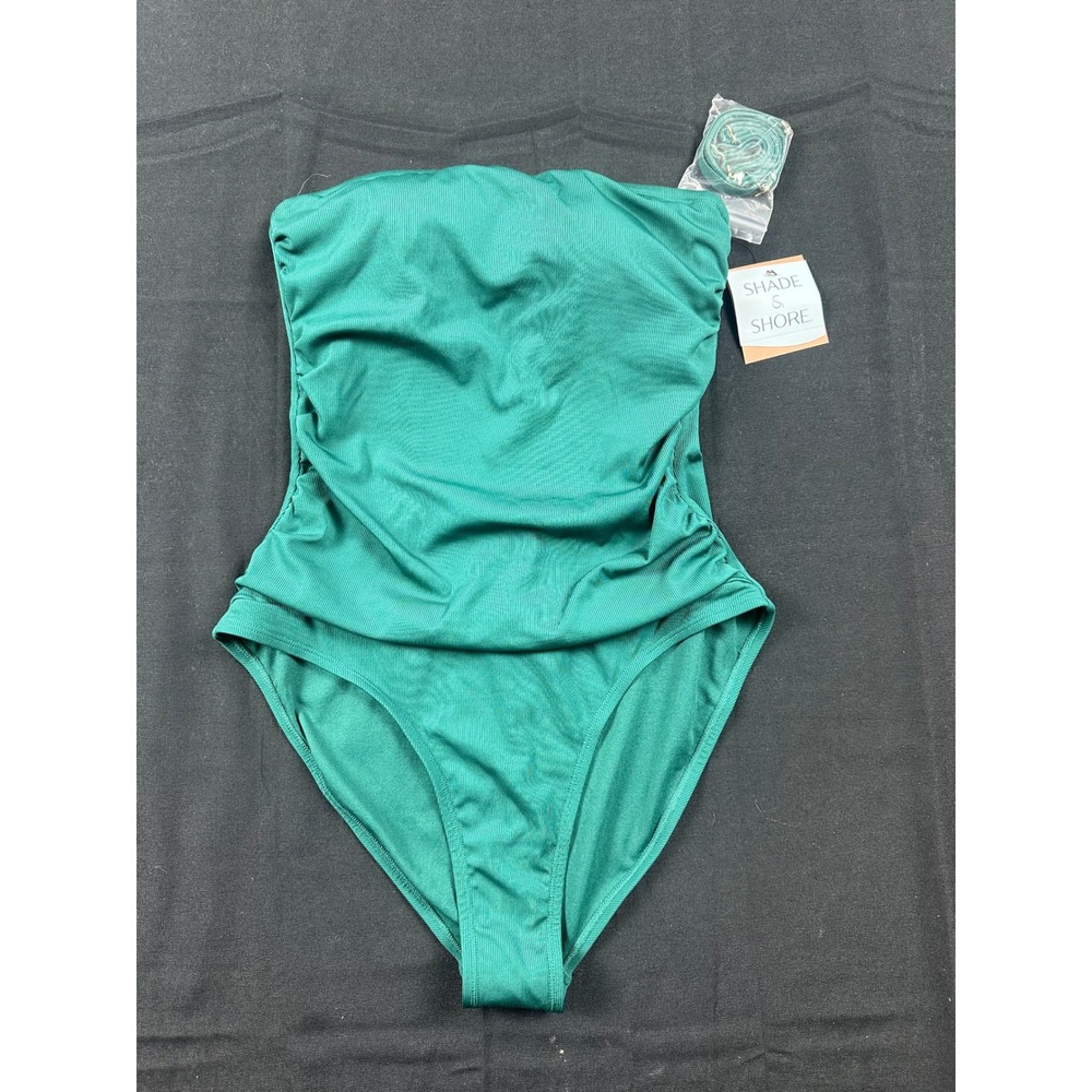 Shade & Shore Womens Green Ruched Bandeau One Piece Swimsuit Curvy Fit M 8-10